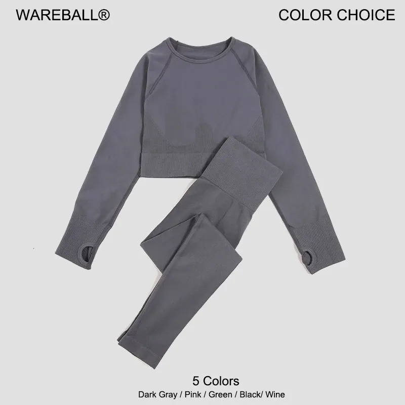 WAREBALL 2Pc Yoga Suit Seamless Pants Gym Leggings Clothing Long Sleeve Crop Top Fitness Wear Sportswear Women 240226