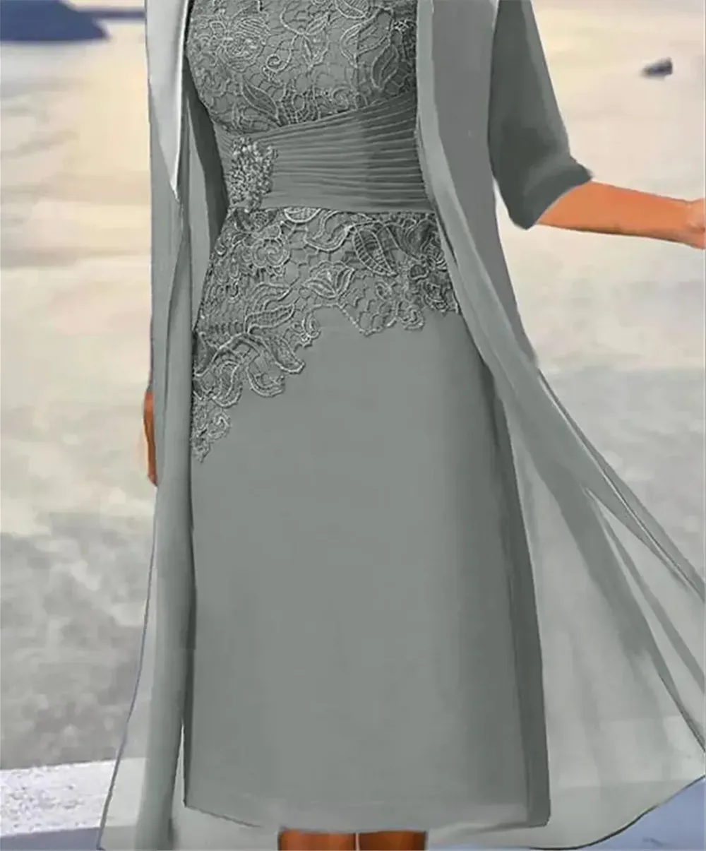 Dusty Blue A-line Chiffon Lace Applique Mother of the Bride reception dress for women with Jacket - 2023 Collection Dusty Blue A-line Chiffon Lace Applique Mother of the Bride reception dress for women with Jacket - 2023 Collection