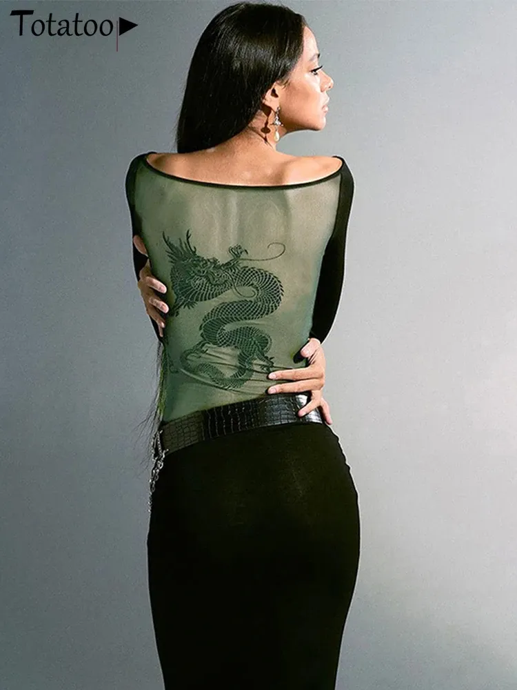 Dress Totatoop Sexy Dragon Print Mesh Patchwork Bodycon Maxi Dress For Women 2023 V Neck Long Sleeve Black Boho Dress Autumn Outfits