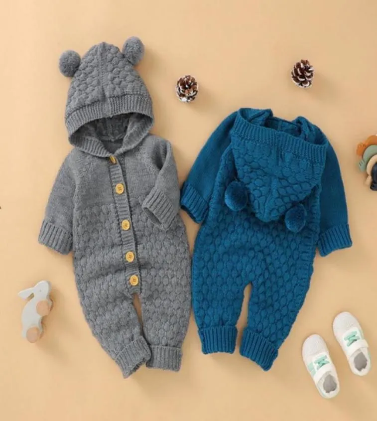 2021 Spring New Baby Romper Knitting Waffee Long Rleeve Otwarty ścieg Bawełniany z kapturem Jumpsuits Dziewczęta chłopcy ubrania dla dzieci E56328330045765478