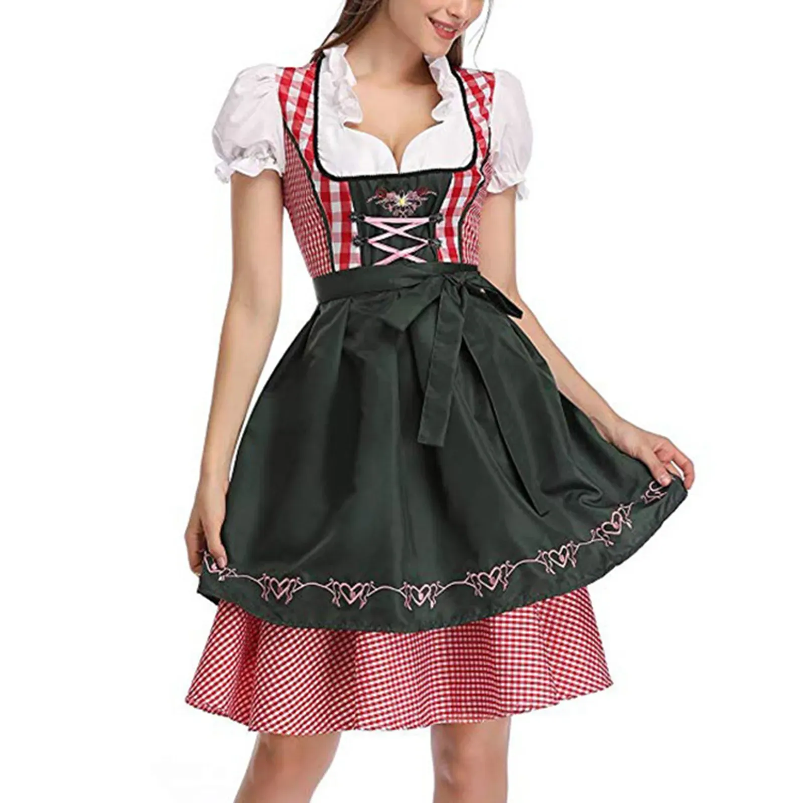 Lady Dirndl OktoberFestコスチュームバイエルン国民ピンクの格子縞のクラブウェアコスプレカーニバルハロウィーンファンシーパーティードレス