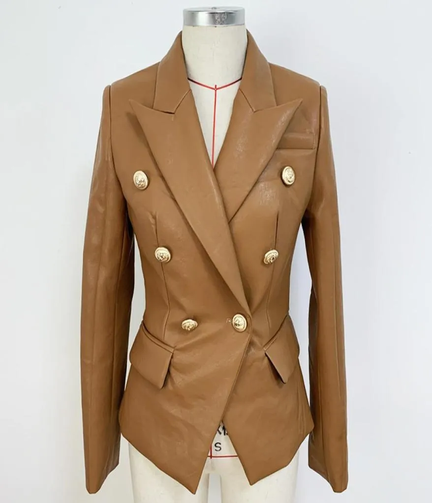 Классический стиль, высокое качество, оригинальный дизайн, женский двубортный пиджак 039s, кожаный тонкий пиджак с металлическими пряжками, шоколадный Bro8898501