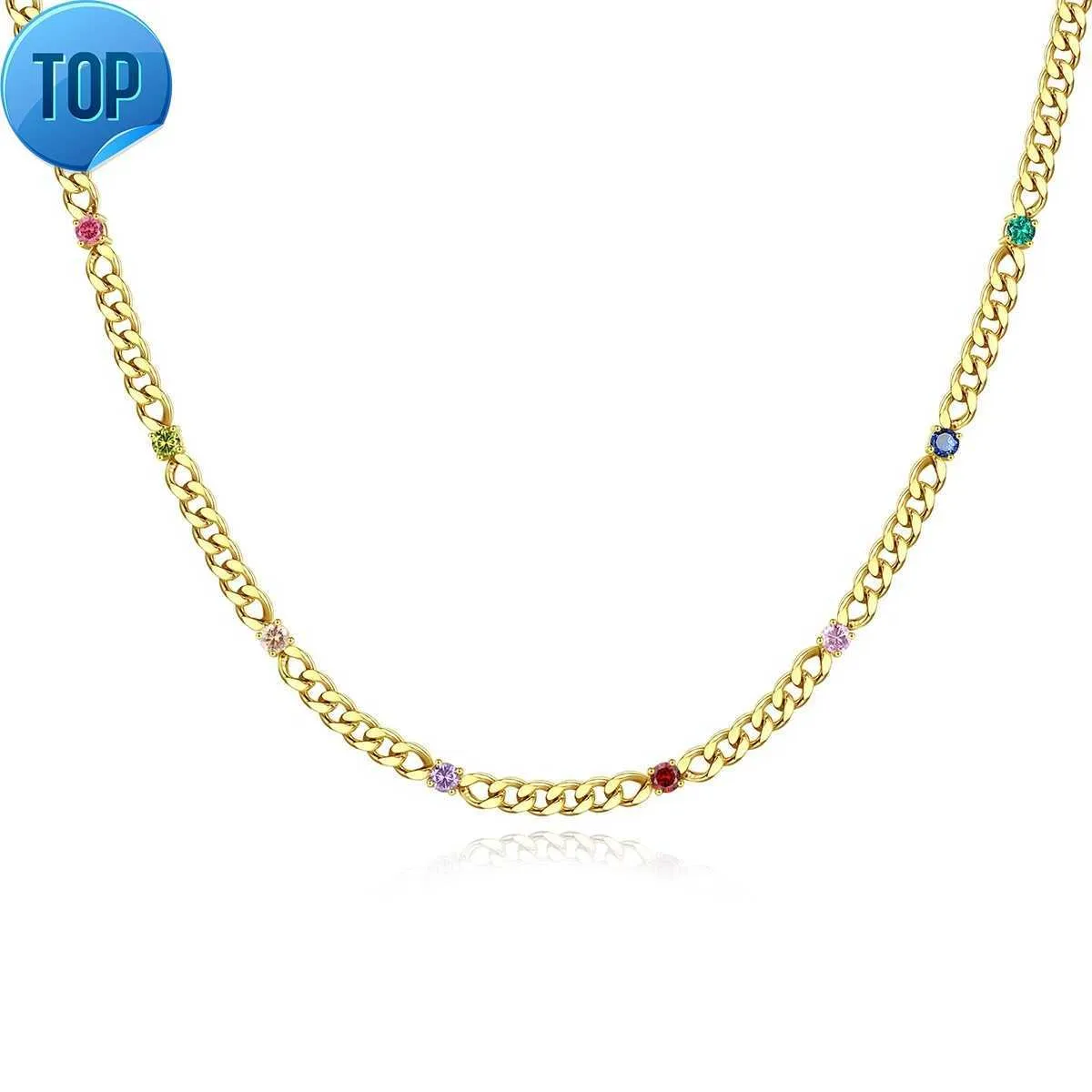 High Quality Colorful Zircon Chunky Woman Cuban Chain Gold Trendy Jewellery For Lady Tennis Necklace Stainless Steel