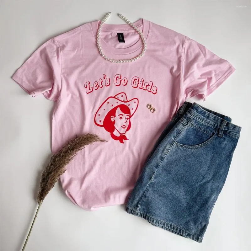 Kvinnors T -skjortor Let's Go Girls Retro Style Cowgirl Printing Pink Short Sleeve Loose Cotton Summer Tops Western Fashion Feminist