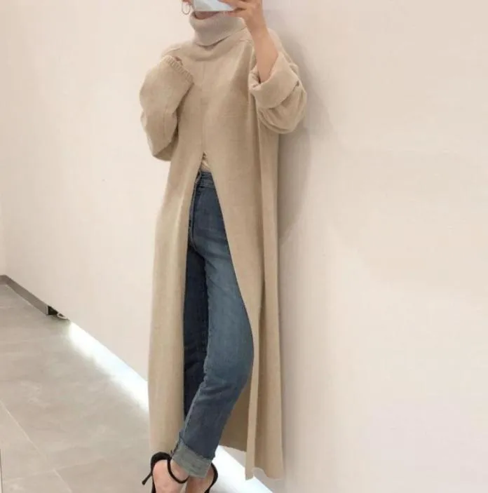 Casual Dresses Women Designer Turtleneck Split Sweater Dress Dame Long Sleeve Solid Straight Loose Sticked Maxi Winter Vestido9651783