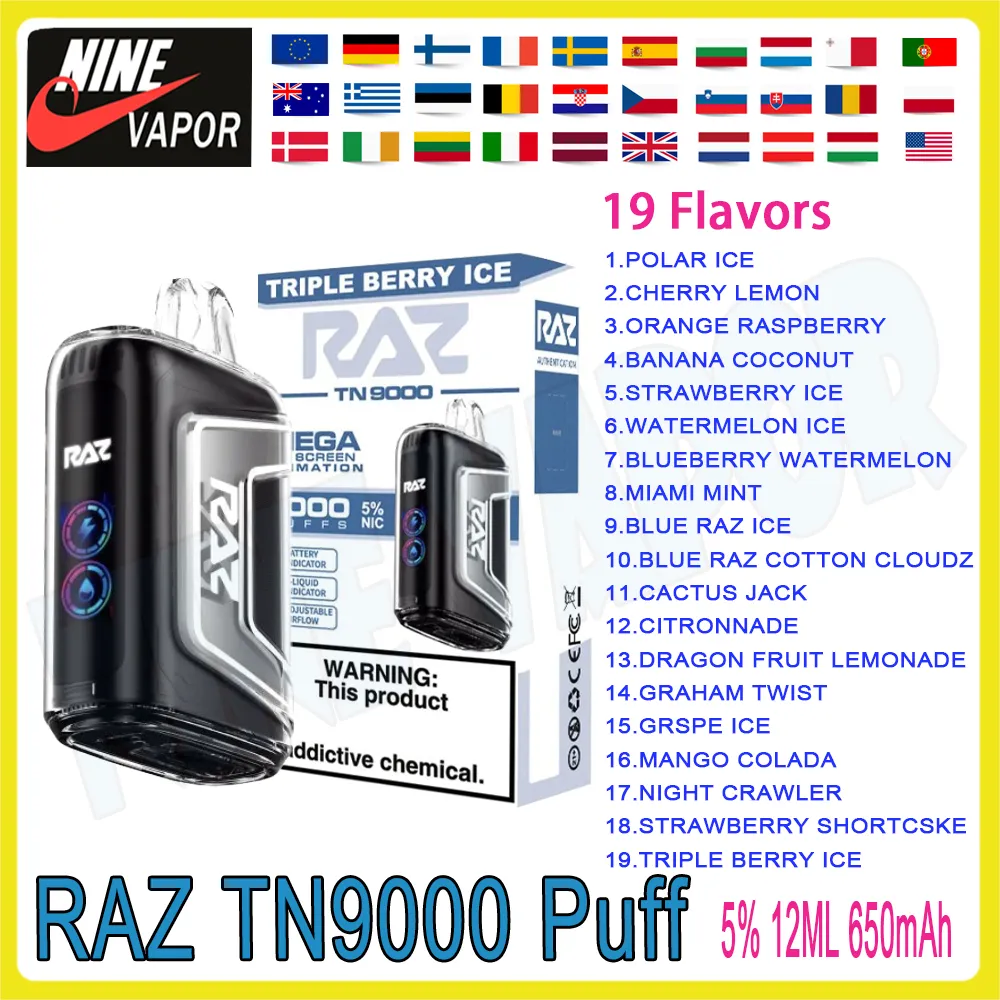 Original RAZ TN9000 Puff jetable Vape Pen Cigarette électronique 12 ml 19 saveurs 650 mAh dispositif rechargeable Puff 9k Vape kit grossiste