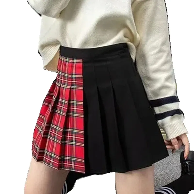 jupe Goth Vintage Harajuku jupe gothique Patchwork rouge Haig noir et blanc Plaid Patchwork Punk plissé jupes patineuse Style coréen