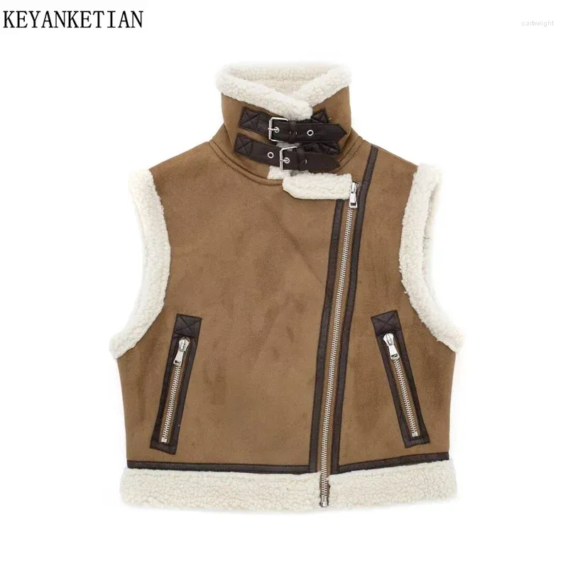 Women's Leather KEYANKETIAN Winter Double Faced Fur Suede Thick Waistcoat Vest Retro Asymmetrical Zipper Slim Crop Outerwear Top