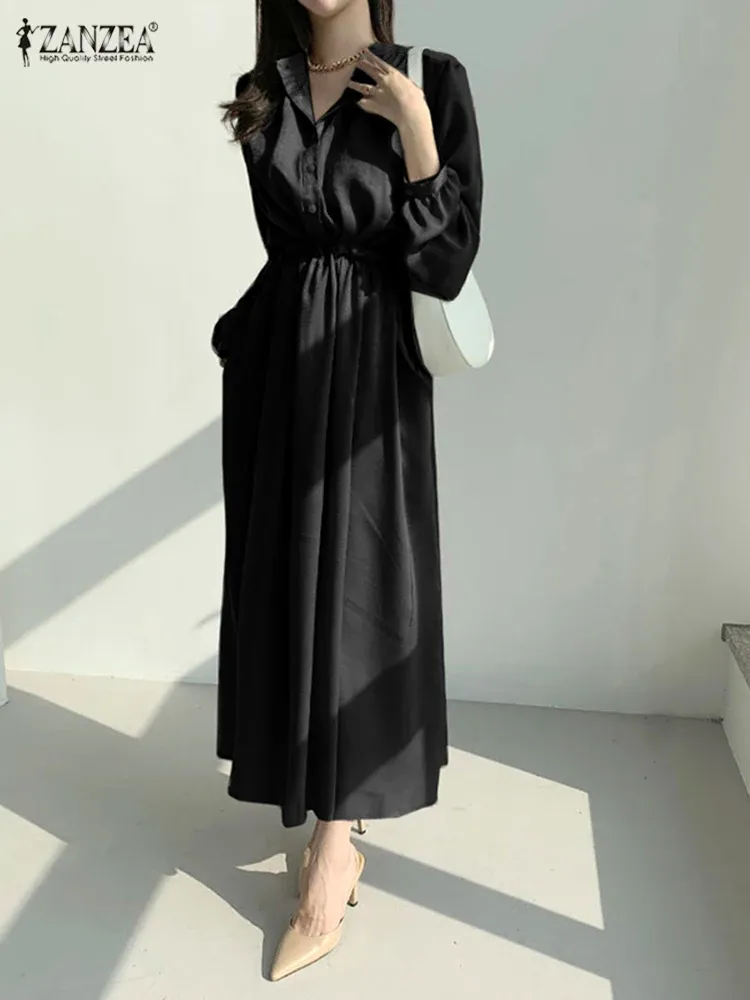 Kleid ZANZEA Koreanische Mode Elegante Maxi Kleider Frauen Satin Seide Vestidos OL Kordelzug Taille Roben Puff Sleeve Aline Shirtdress-gurt-taillen