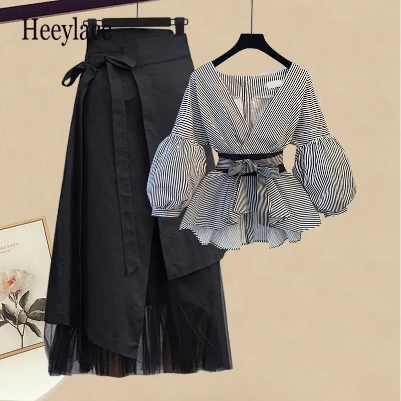 Dresses Women Spring Korean Casual Two Piece Set Sexy Lantern Sleeve Striped Bandage Shirt and Mesh Patchwork Skirt Sets