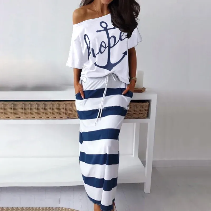 Dress Women Sexy Off Shoulder Boat Anchor Print Summer Shirt Dresses 2023 Two Piece Set Tops AnkleLength Striped Dress Sets Casual