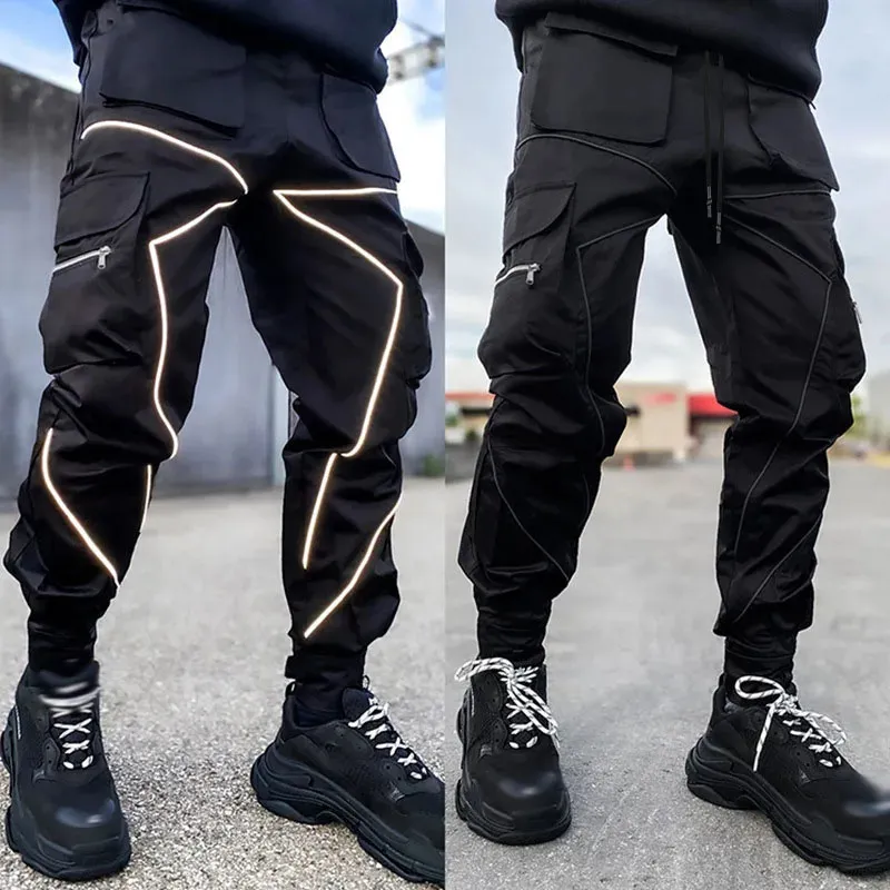 Mens Casual Black Cargo Pants Gym Loose Plus Size Striped Multi Pocket Sports Fitness Hip Hop Jogger Trousers Pantalones Hombre 240304