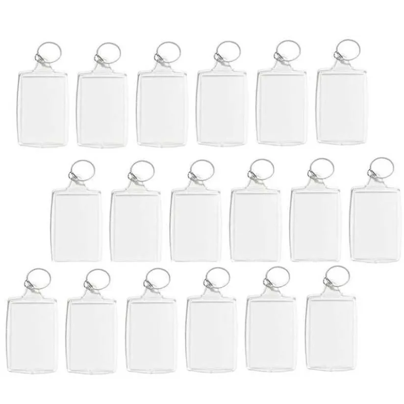 100 pièces Po porte-clés Rectangle Transparent blanc acrylique insérer Po cadre photo porte-clés porte-clés bricolage anneau fendu H0915287D