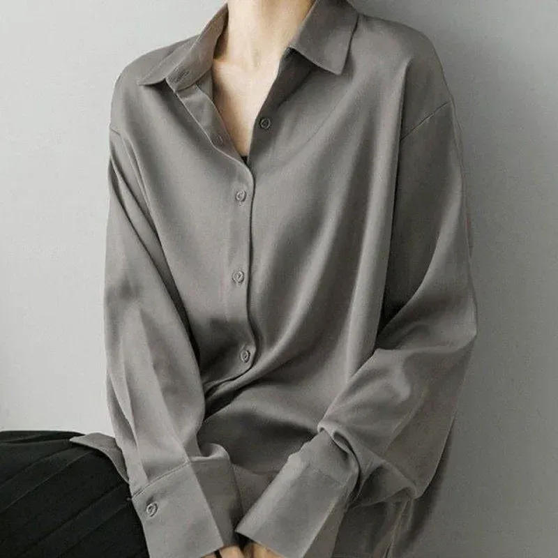 Overhemd Grijs Drape Shirt Dames Top Acetaat Satijn Blouse Losse Zijde Licht Volwassen Casual Retro Shirts Blusas Mujer De Moda 2022 Verano