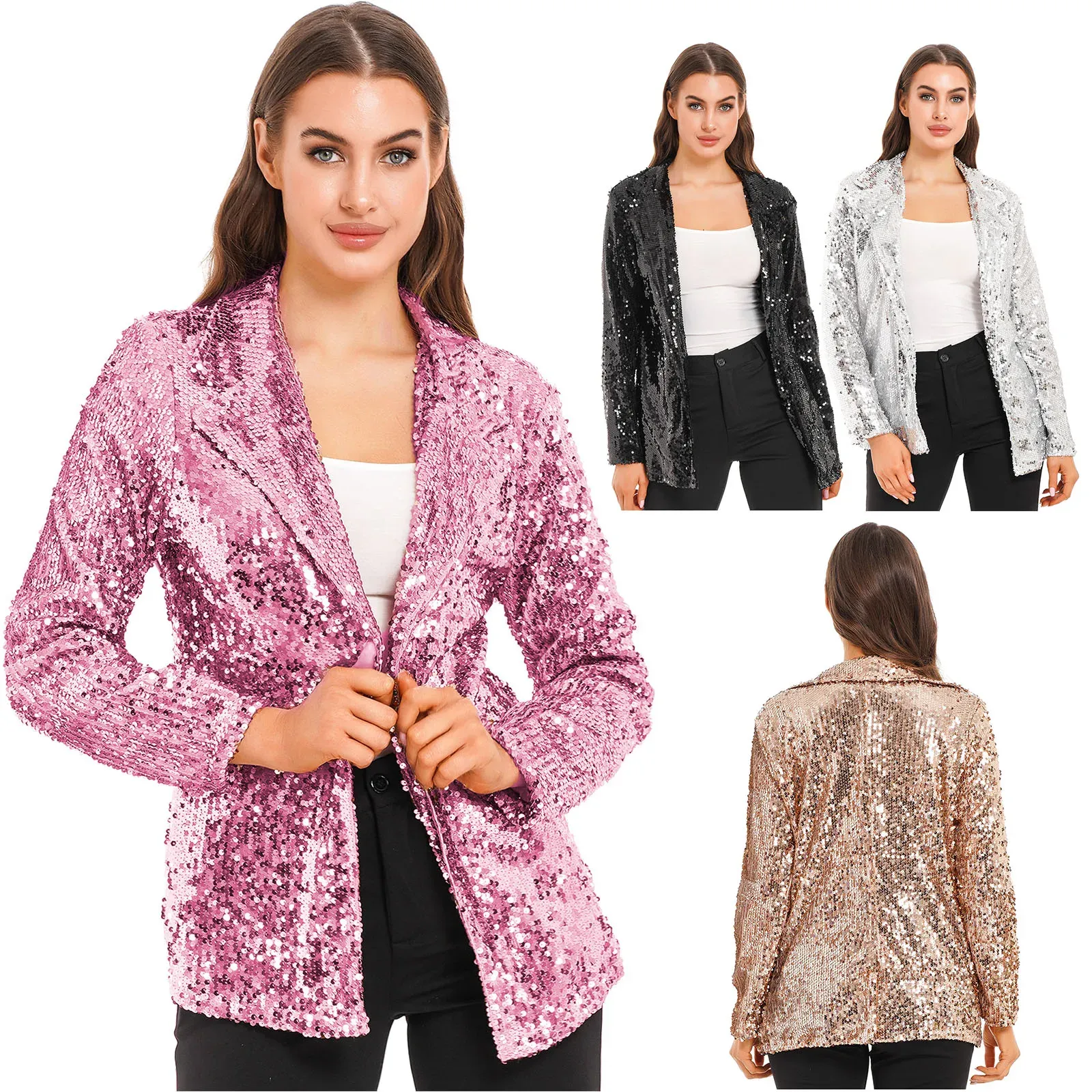 Blazers Damesblazers Glinsterende pailletten Lange mouw Open voorkant Glanzende blazer Bruiloftsjas voor nachtclub Cocktail Party Wrap Avondcape