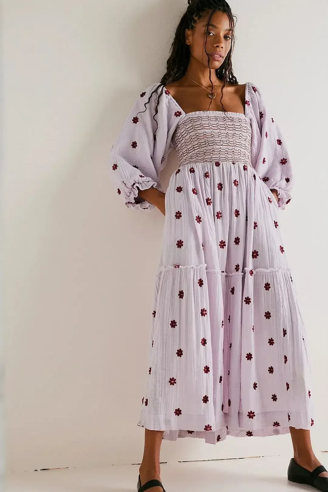 Klänning 2023 Summer Boho Cotton Square Collar Cute Maxi Dress Flare Sleeve Chic Brodery Floral Long Dress Sunflower Beach Dress