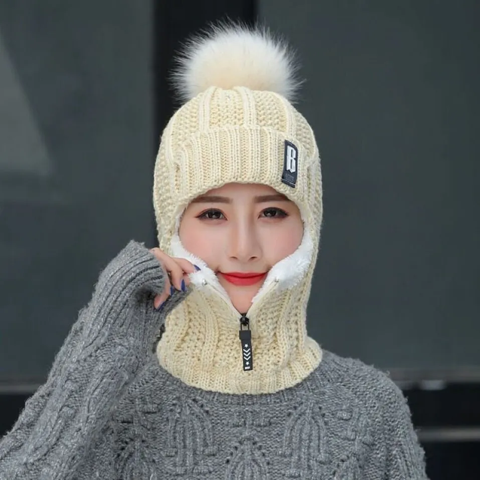 Gorro tejido de lana para mujer, conjuntos de gorros de esquí a prueba de viento para invierno, tejido al aire libre, bufanda siamesa gruesa y cálida, gorro cálido para niña, regalo 243b