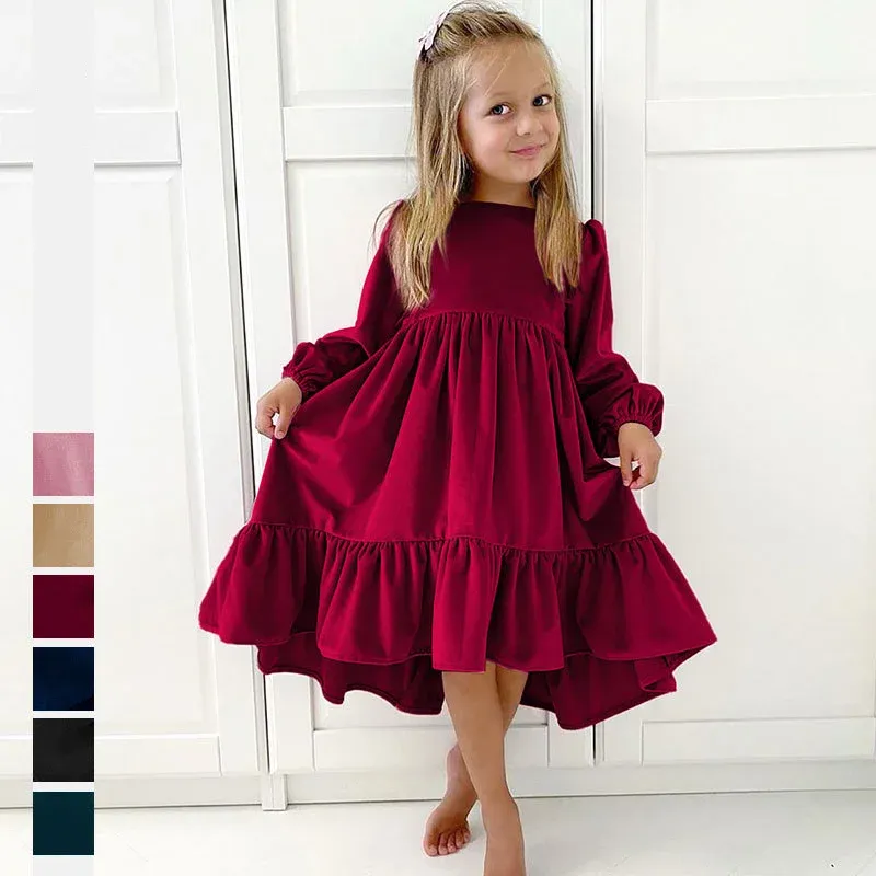 Klänning Autumn Velvet Girls Dress Brand Ny Long Lartern Sleeveve Fjärilskjolar Princess Party Child Solid Color