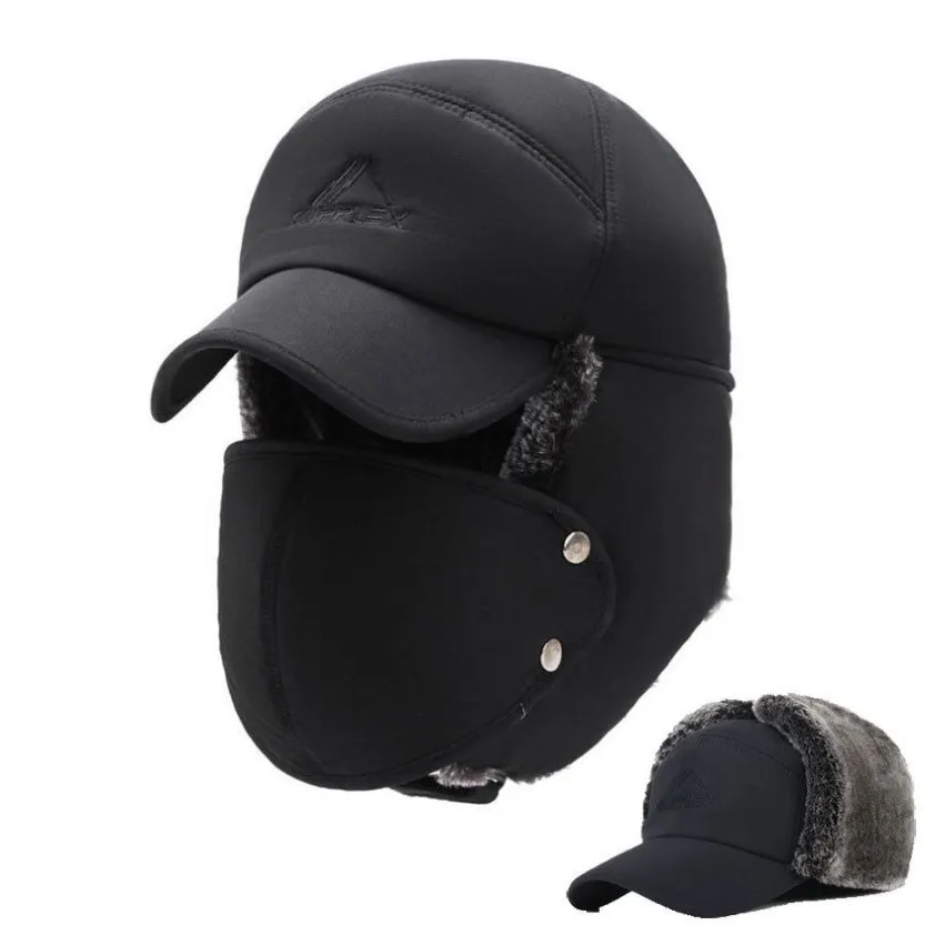 Chapeaux d'hiver pour hommes Chapeaux de bombardier à rabats d'oreille avec bord et masque facial Chapeau chaud pour hommes Casquette de ski imperméable russe Accessoires masculins Y20011228v