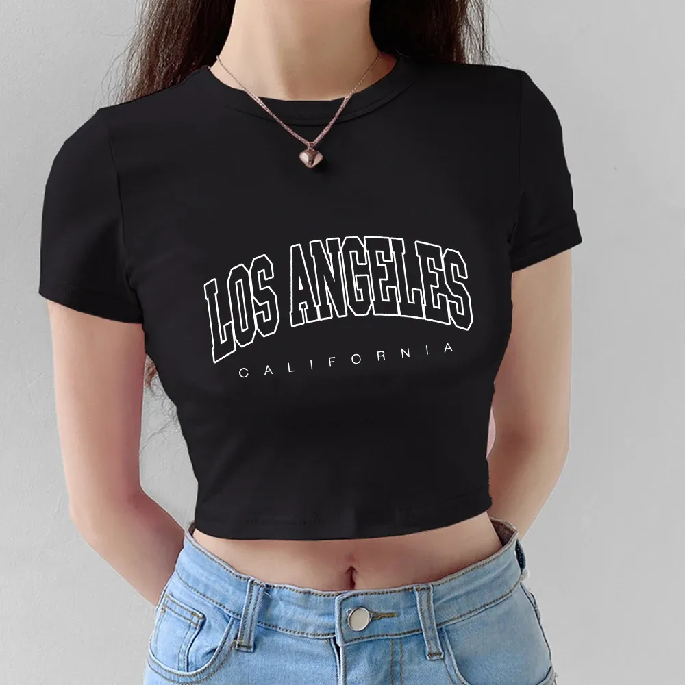 Camiseta los angeles califórnia carta colheita topo tshirt feminino bodycon verão algodão t camisa feminina manga curta camisetas streetwear topos