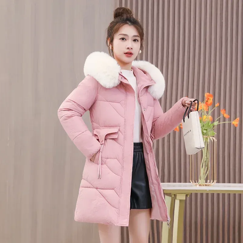 Jaquetas casaco de algodão feminino jovem rosa estilo sol pele com capuz parkas 2023 inverno nova moda longo fino grosso calor roupas