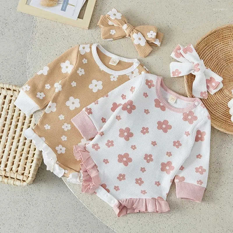 Комбинезоны Suefunskry для маленьких девочек, весенне-осенняя одежда из 2 предметов, комбинезон с длинными рукавами и цветочным принтом, рюшами и повязкой на голову, комплект одежды для младенцев 0-18 месяцев