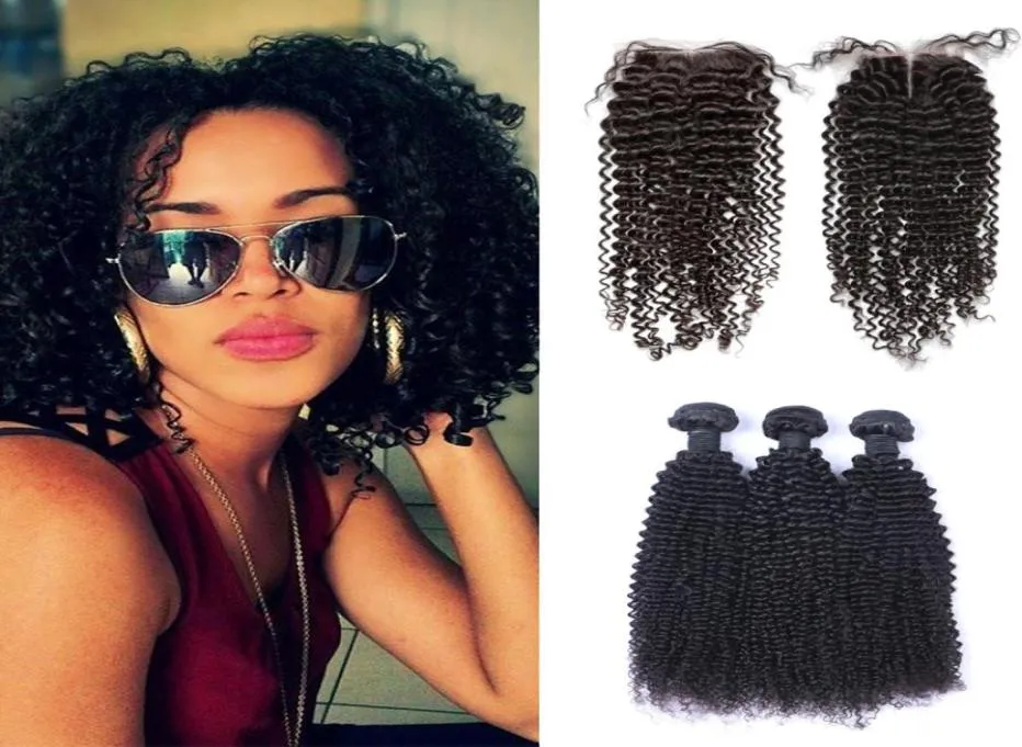 Cheveux brésiliens crépus bouclés tisse 3 paquets avec fermetures en dentelle 4x4 couleur noire naturelle PrePlucked2967427