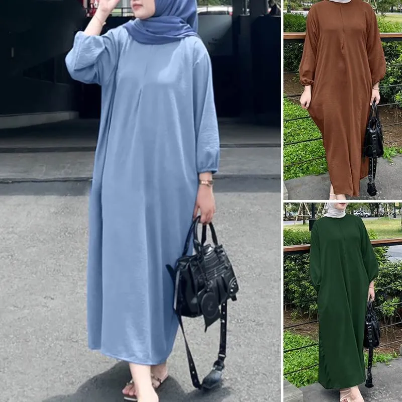 Modisches muslimisches Herbstkleid für Damen mit langen Puffärmeln, solides Abaya-Sommerkleid, lässig, locker