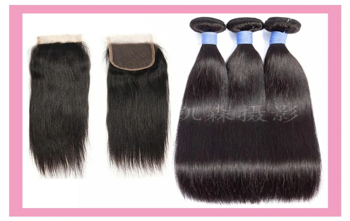Malezyjskie przedłużenia ludzkich włosów 830 cala 3 pakiety z 44 koronkowym zamknięciem z włosami dla dzieci Środek trzy części proste włosy produ010052