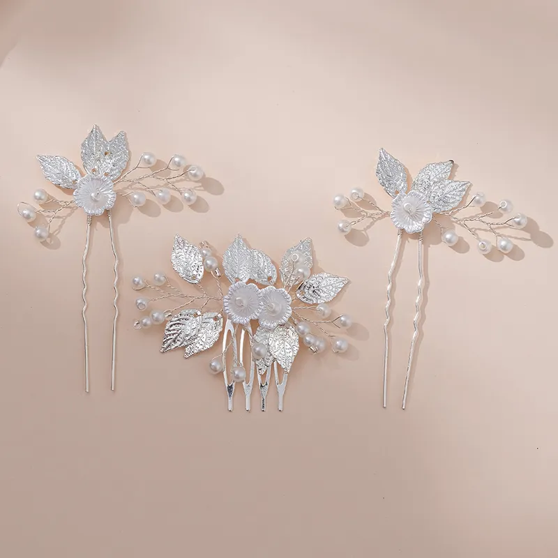 3 Pack Pearl Bridal Wedding Hair Styling Pins Vintage Feuilles de style époux Pièce de tête U Forme Rhinestone Flower Hair Accessoires