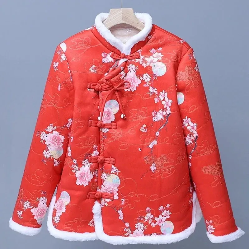 Parkas Winter Chinese Style Women's Printed CottonPadded Jacket Plus Fleece Warm Padded Jacket Oversized Female Snow Parker Outerwear