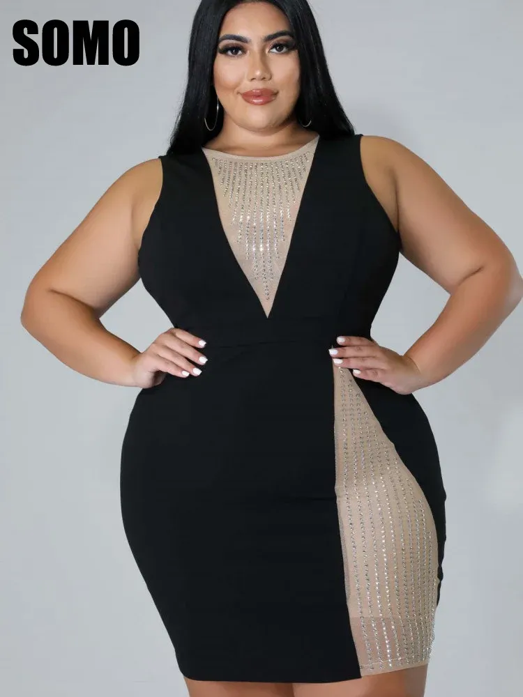 Jurken SOMO Plus Size Vrouwen Zomerjurk Sexy Mesh Strijken Diamant Splicing Diepe V-hals Mouwloos Elastische Jurk Groothandel dropshipping