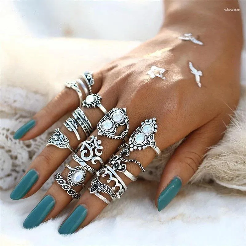 Anéis de Cluster 16 Pçs / Set Bohemian Serenity Vintage Antigo Cor Prata Elefante Folha Coroa Dedo Midi Knuckle Set para Mulheres Jóias