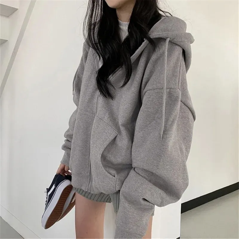 نساء صلبة ملونة هوديز الخريف شتاء سترات مقنعين معطف y2k harajuku zip up cardigan disual long swingshirt 240219