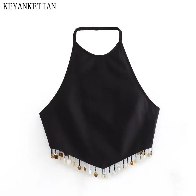 Camis Keyanketian Summer New Shell Fringe Fringe Fringe Szyjka Kamizelka Kobiety w stylu świątecznym Krótki kantar bez rękawów