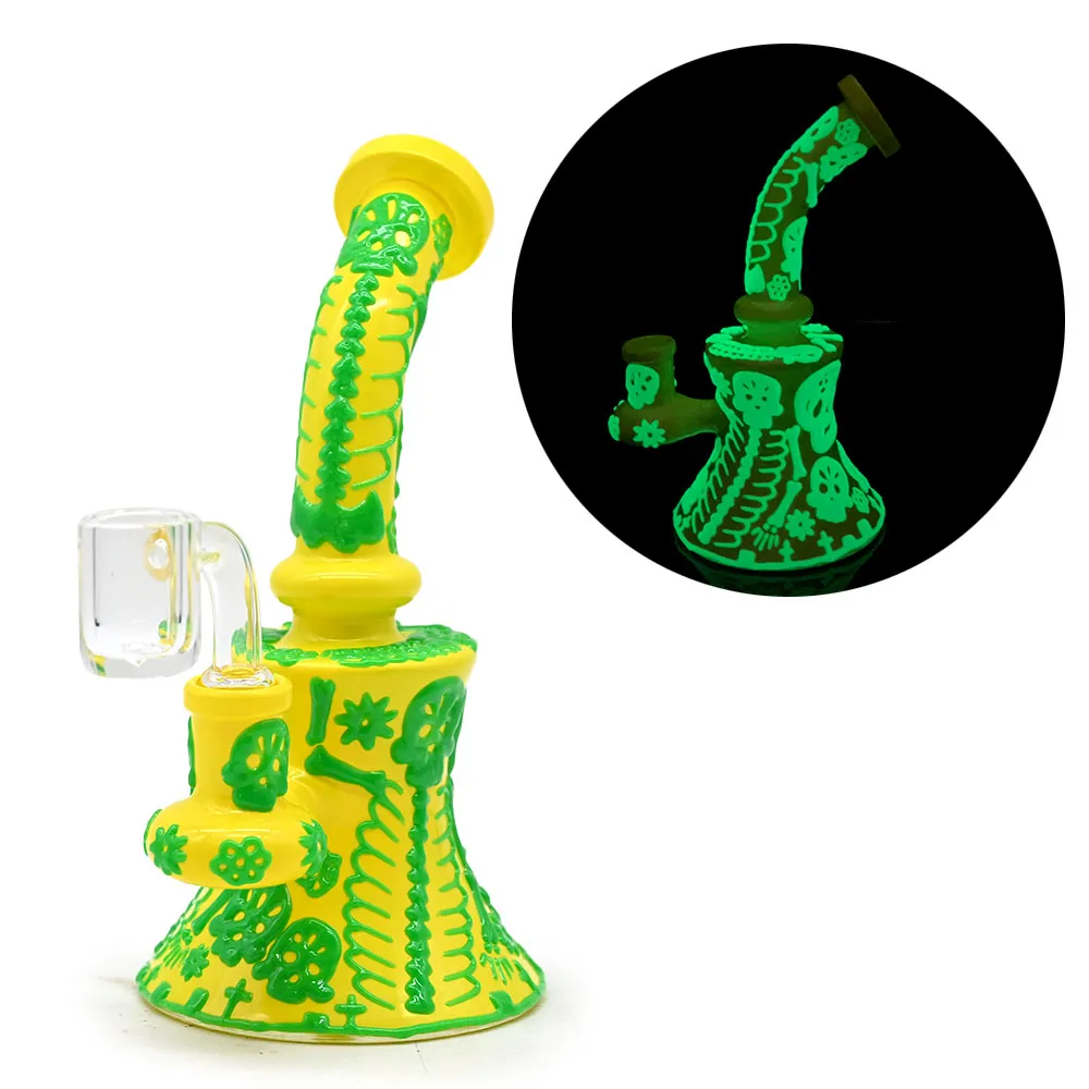 1 pc, 7in, glazen bubbler met vaste diffuser downstem waterpijp bongs, menselijk skelet en kleurrijke lijnen met gloed in donker, borosilicaatglas, handgeschilderde, glazen waterpijp