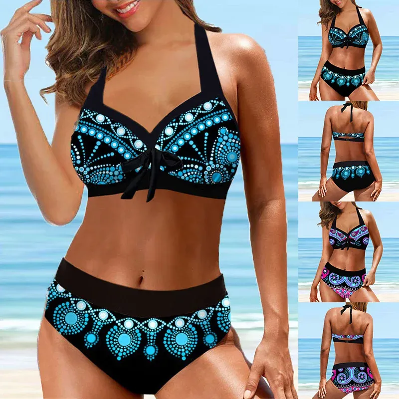 Conjunto 2022 novas mulheres do vintage impressão biquíni conjunto de duas peças roupa de banho verão beachwear cintura alta banho solto terno