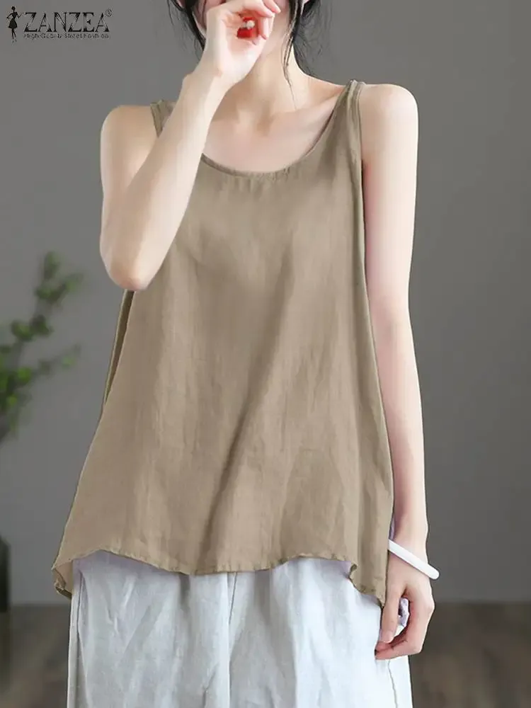 Blouse Vintage Dames Effen Katoenen Tanktops ZANZEA Zomer Causaal Mouwloos Vest Blouse Elegant Basic Shirt Strandtuniek Top Hemdje