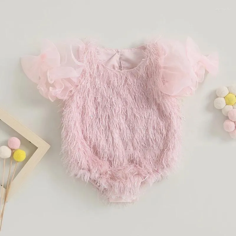 Born kız bebek kız tüyü püskül romper güzel pembe örgü kısa puflu kol tulumları toddler tatlı yaz bodysuits kıyafetleri