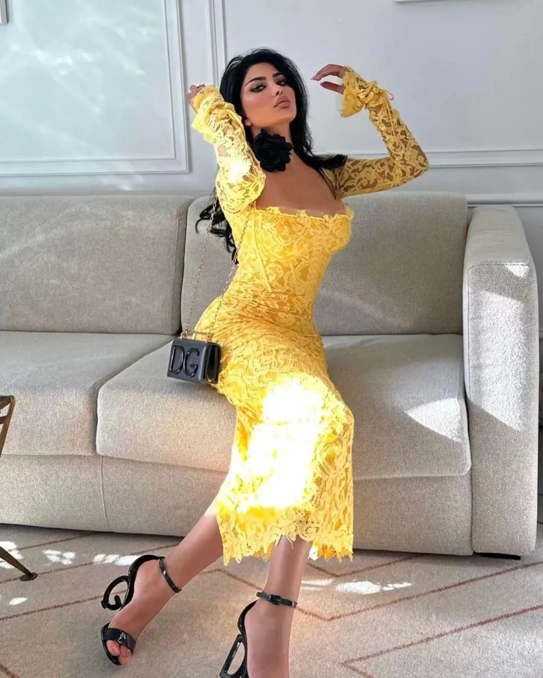 Lovestory Yellow Lace Prom Dresses Sexy Square Neck Cocktail Party Women Wear Long Sleeves Birthday Formal Occasion Gowns 240227