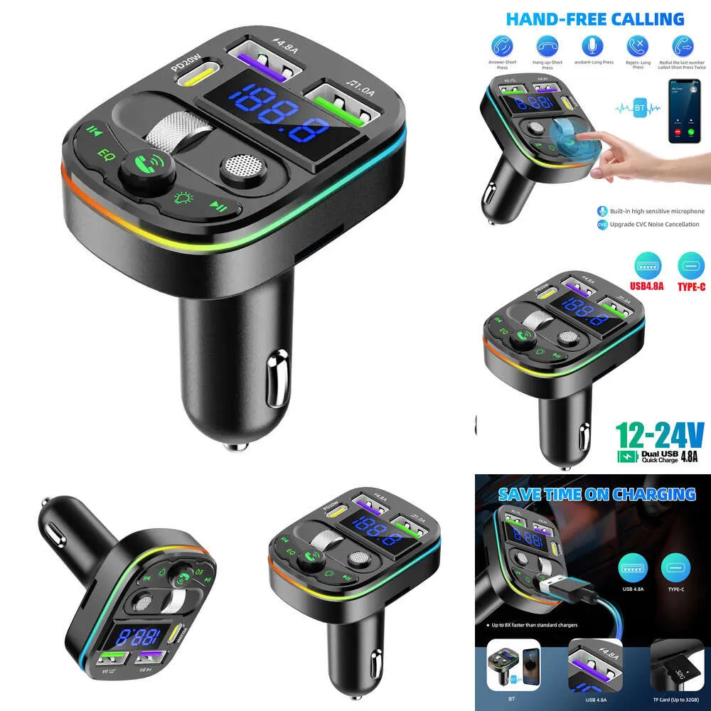 جديد FM Transmitter PD Type-C مزدوج USB 3.1A الشاحن السريع Bluetooth Light Modulator Colorful 5.3 Handfree Car MP3 Ambient Player N1D6