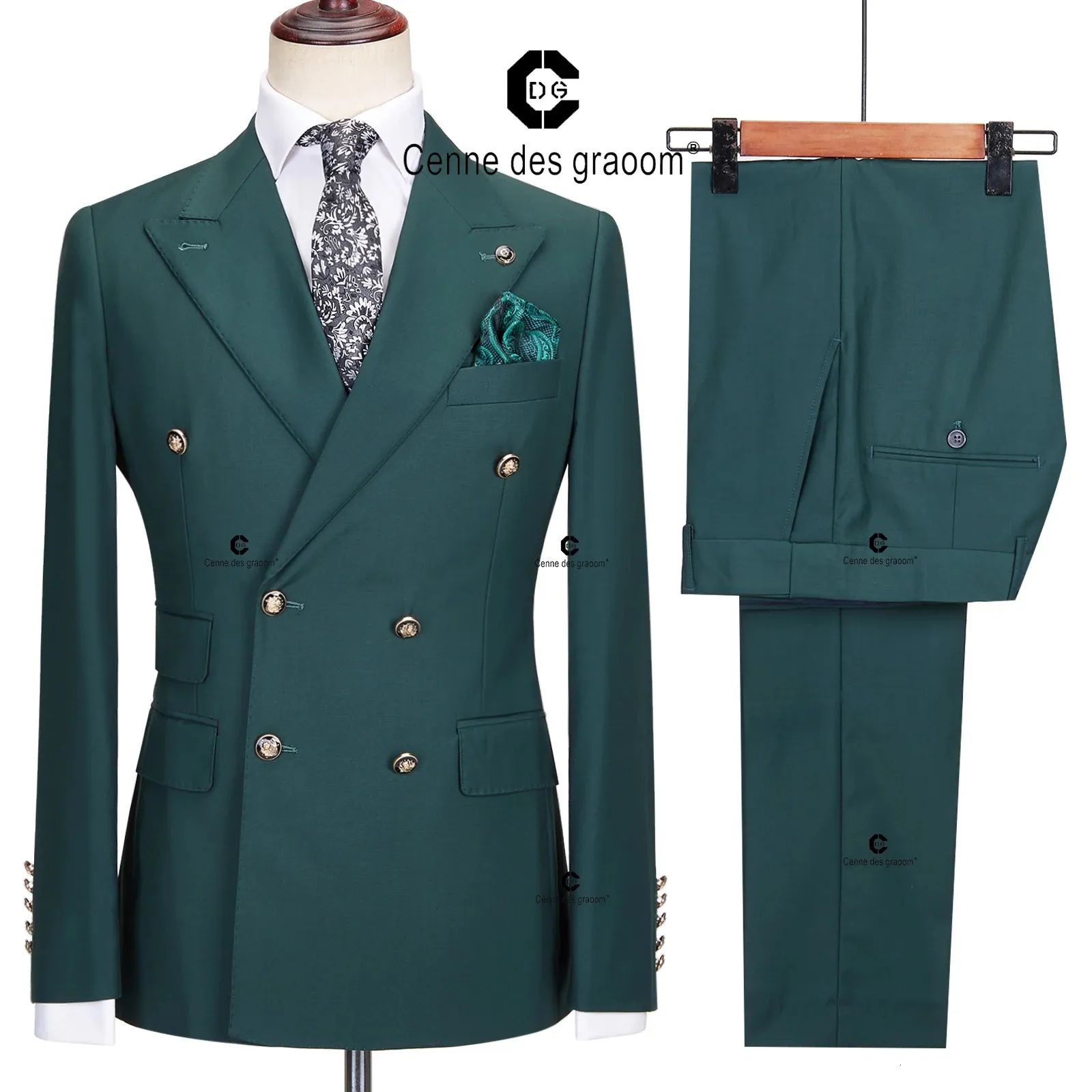 Cenne Des Graoom costumes élégants pour hommes vert Double boutonnage 2 pièces ensemble coupe ajustée haute qualité Costume de fête de mariage 240227