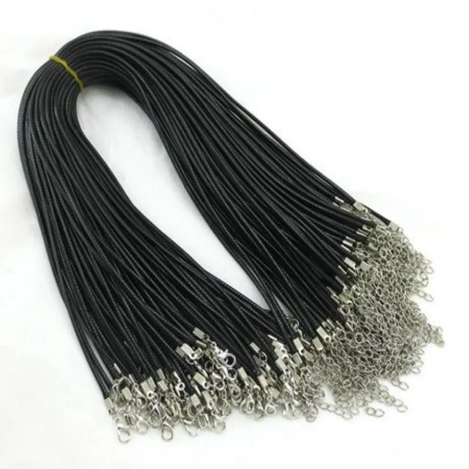 100pcs 1 5mm Black Wax Leather Snake chains bracelets Beading Cord String Rope Wire 45cm 5cm Extender bracelet ChainLobster Clasp 308A