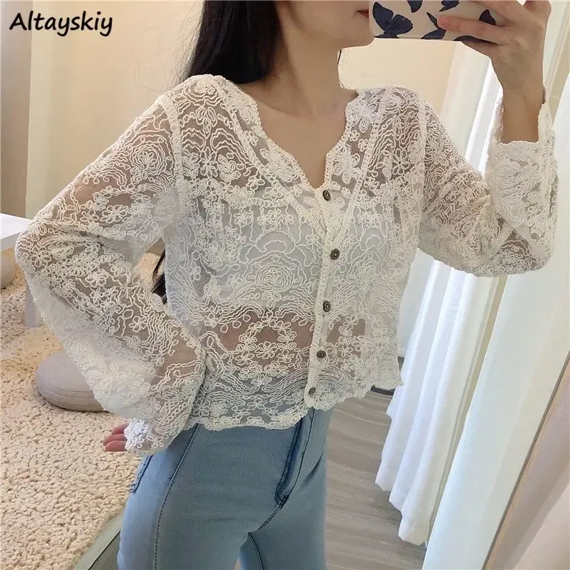 Blusa feminina primavera retro gancho flor oco manga longa ponto aberto estilo francês sexy vneck único breasted chique macio feminino