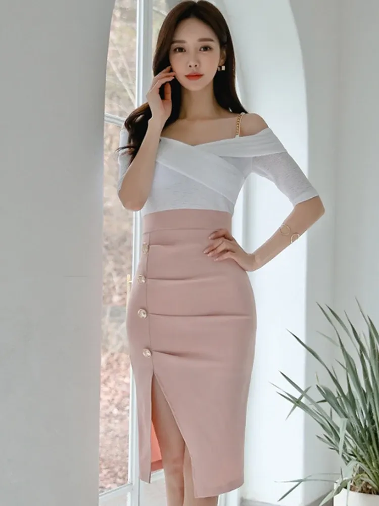 Dress Korean Sweet Women Evening Dress Sexy White Pink Chain Strap Low Cut Folds Split Midi Robe Party Prom High Street Mujer Vestidos