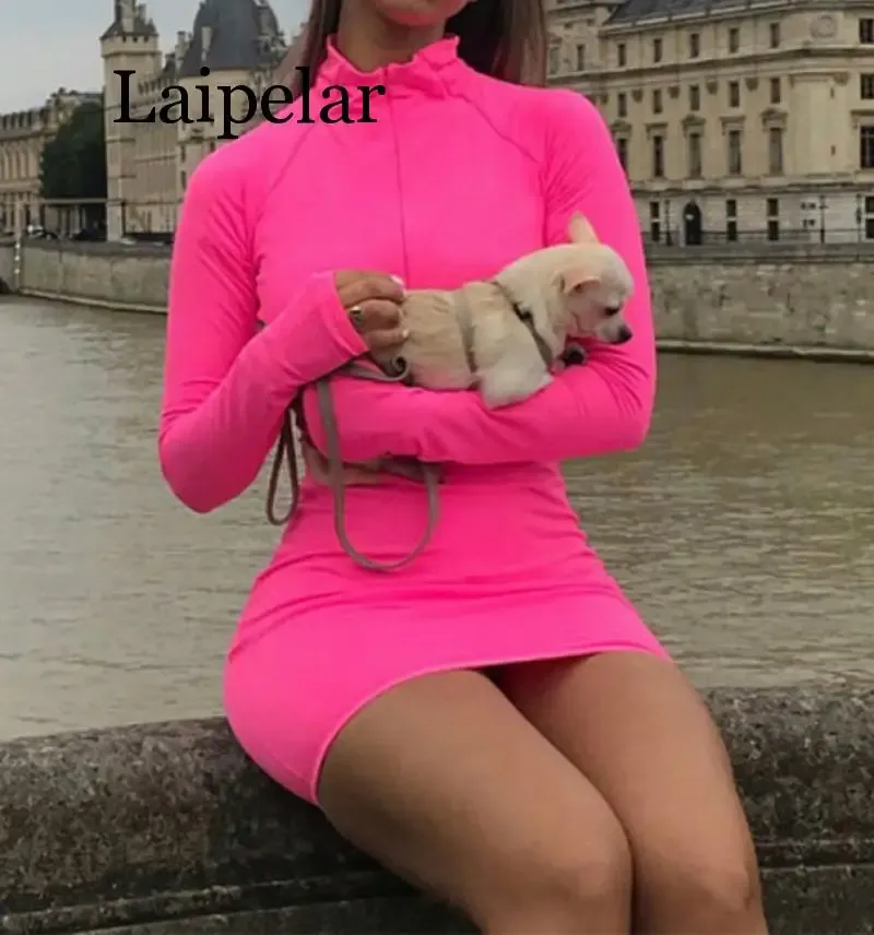 Abito Laipelar Abito aderente a maniche lunghe verde neon Primavera 2019 Abiti da discoteca corti sexy casual elasticizzati con cerniera