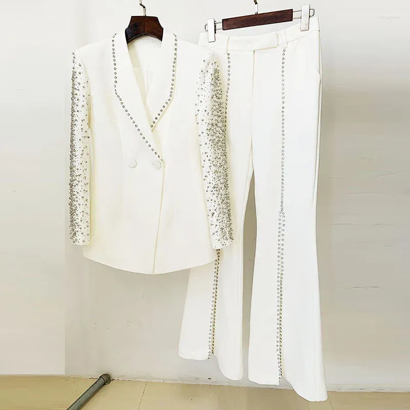 Kvinnors tvådelade byxor Jamerary Runway toppkvalitet diamant pärlstav kvinnor vita set blazers kostym kappa matchande set brett ben