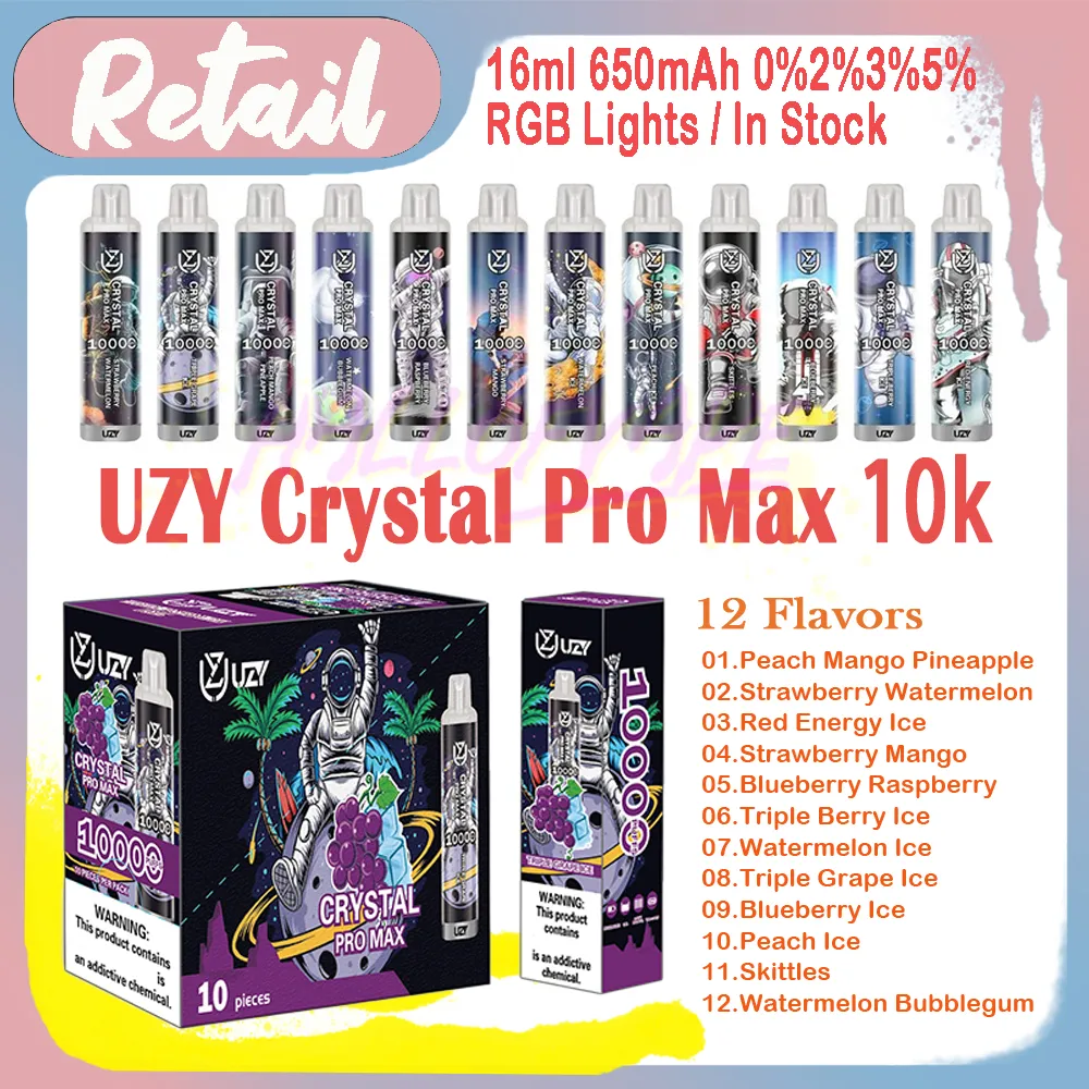 Retail UZY Crystal Pro Max 10000 Puff Disposable Vape Pen 0% 2% 3% 5% Level 16ml Mesh Coil 650mAh Rechargeable Bettery 20 Flavors E Cigarettes Puffs 10k