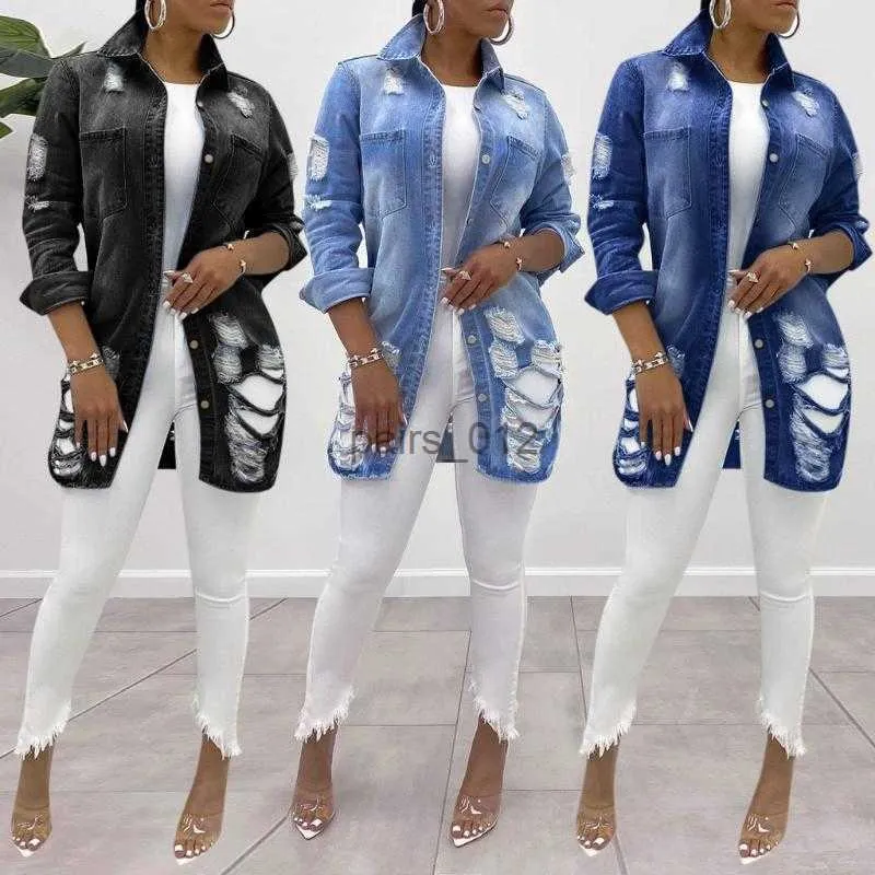 Kurtki damskie kurtki damskie płaszcz mody jesienny jeansowy dżinsowe dziury cienki kołnierz tępaku 240305