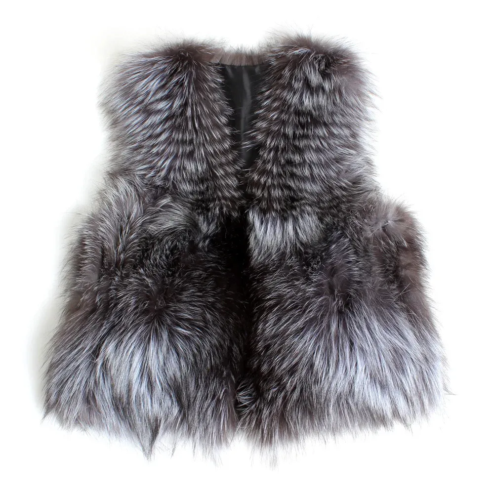 Fourrure Offre Spéciale femmes naturel réel Gilet de fourrure de renard 100% véritable argent fourrure de renard Gilet manteau automne hiver dame chaud mode décontracté veste